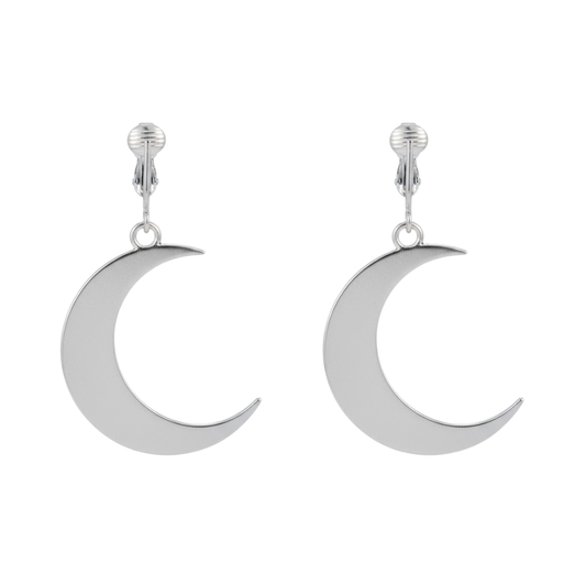 Silver Crescent Moon Clip On Dangling Earrings