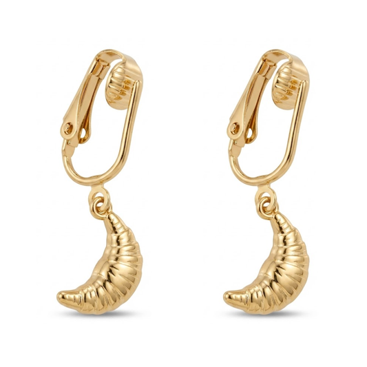 Gold Croissant Clip On Dangling Earrings