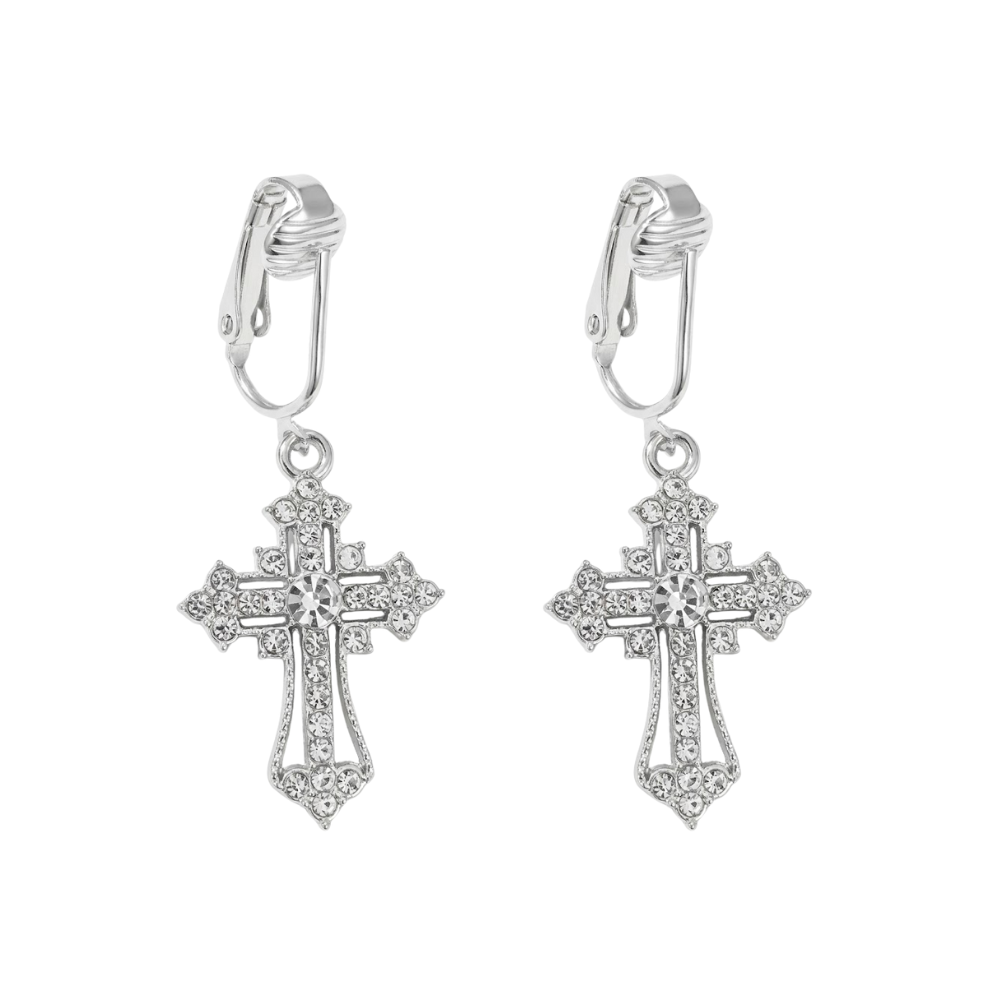 Silver Crystal Cross Clip On Dangling Earrings