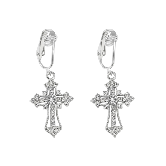 Silver Crystal Cross Clip On Dangling Earrings