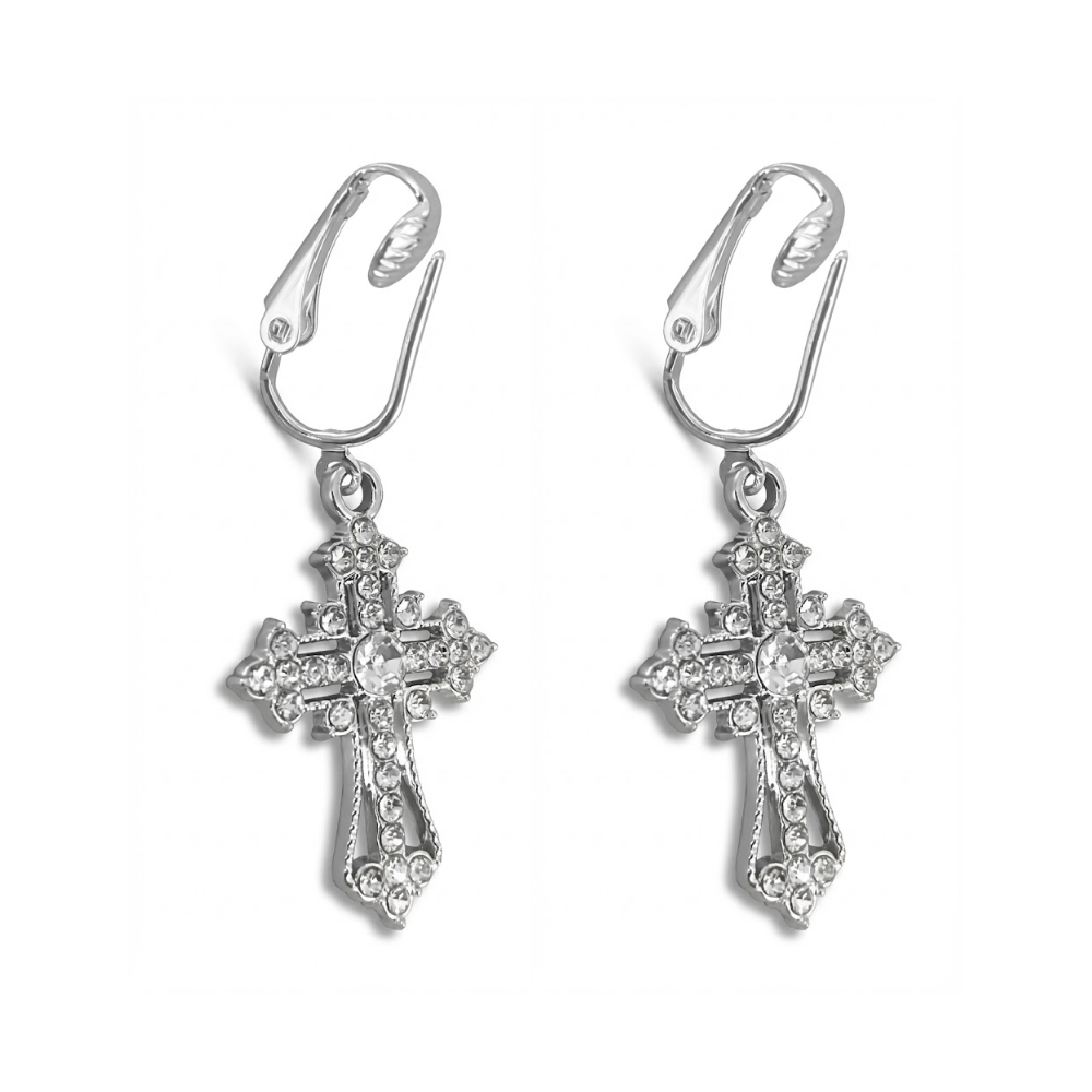 Silver Crystal Cross Clip On Dangling Earrings