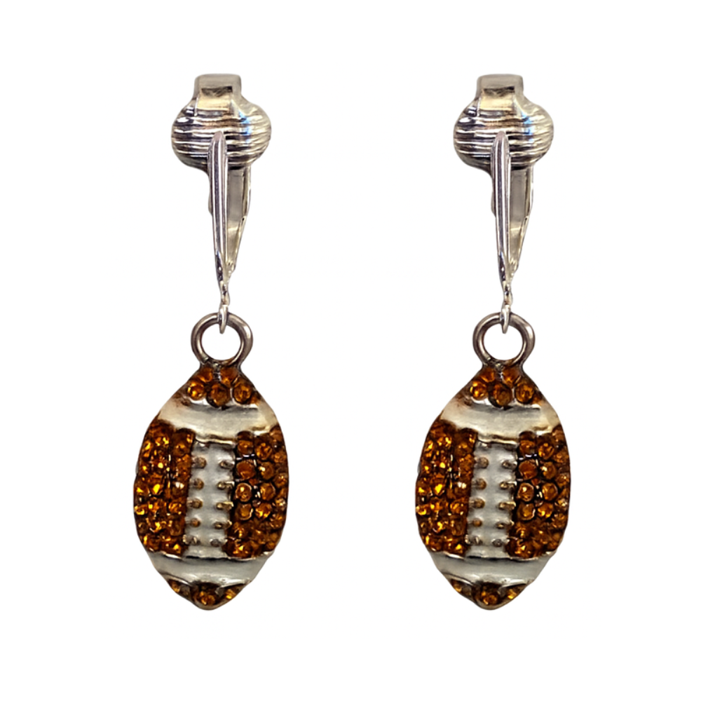 Silver Crystal Football Clip On Dangling Earrings