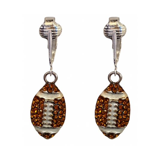 Silver Crystal Football Clip On Dangling Earrings