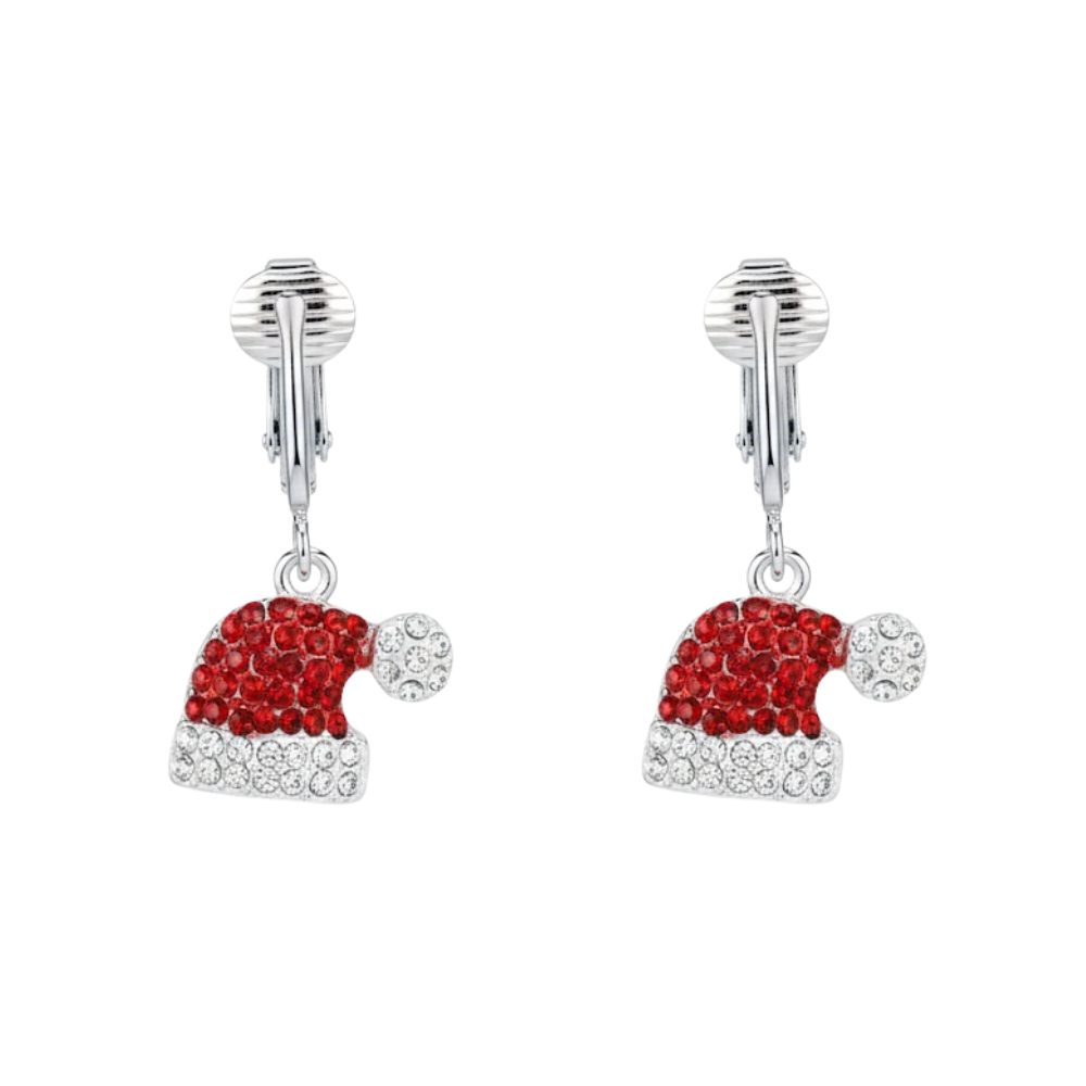 Silver Crystal Santa Hats Clip On Dangling Earrings