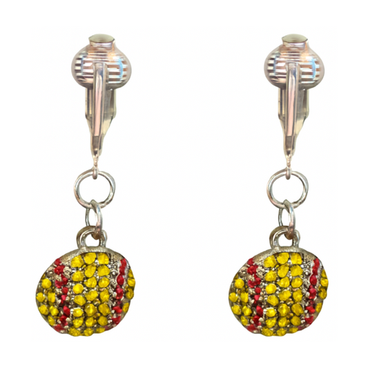 Silver Crystal Softball Clip On Dangling Earrings