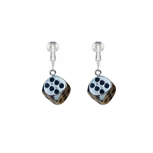 Silver Dice Clip On Dangling Earrings