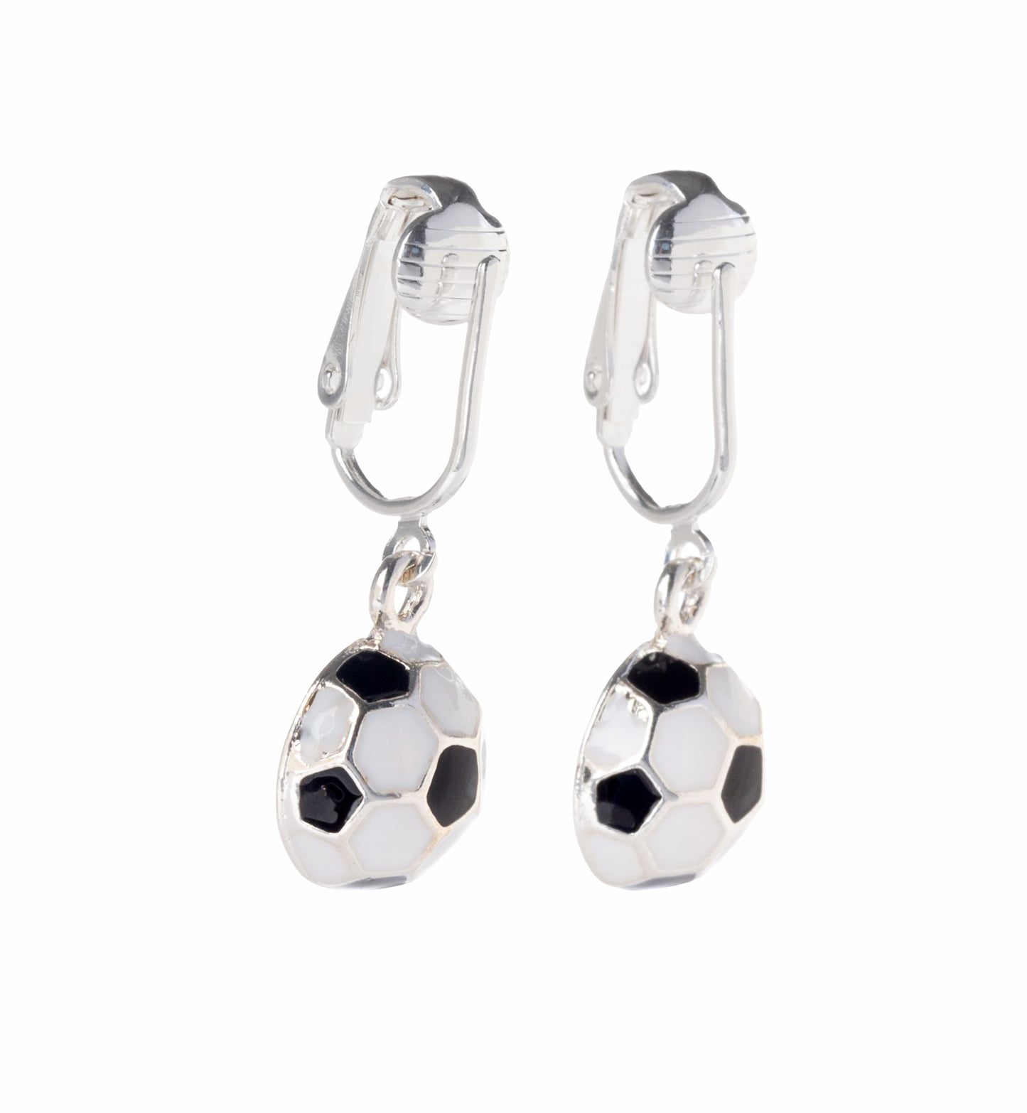 Soccer Ball Silver Clip On Dangling Earrings