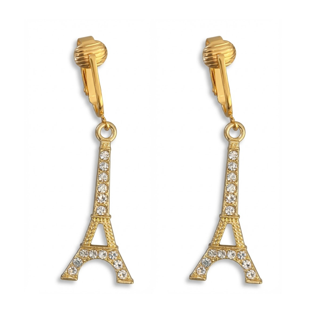 Gold Crystal Eiffel Tower Clip On Dangling Earrings