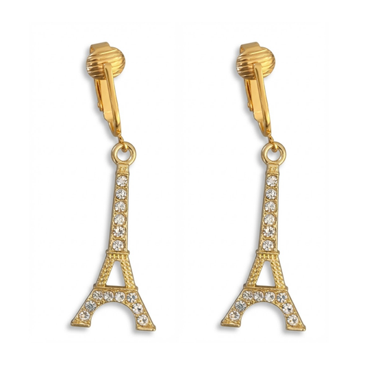 Gold Crystal Eiffel Tower Clip On Dangling Earrings