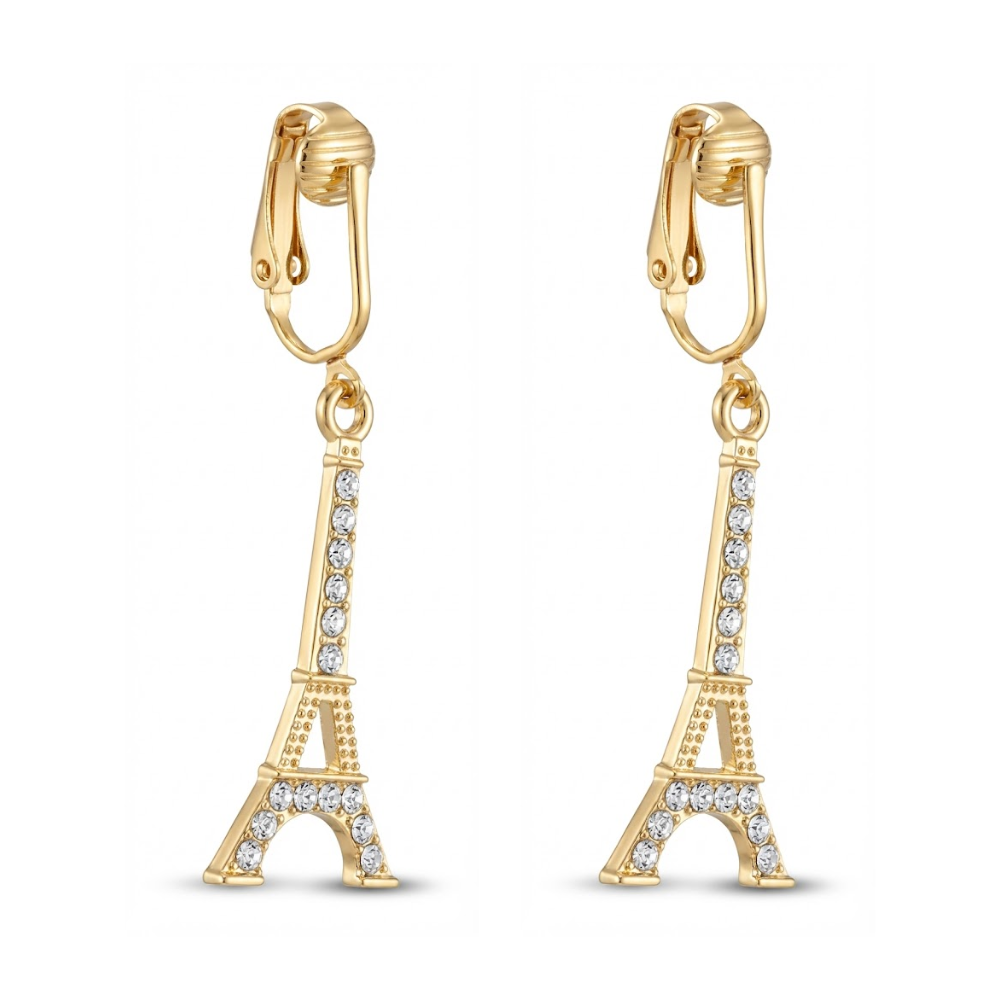 Gold Crystal Eiffel Tower Clip On Dangling Earrings