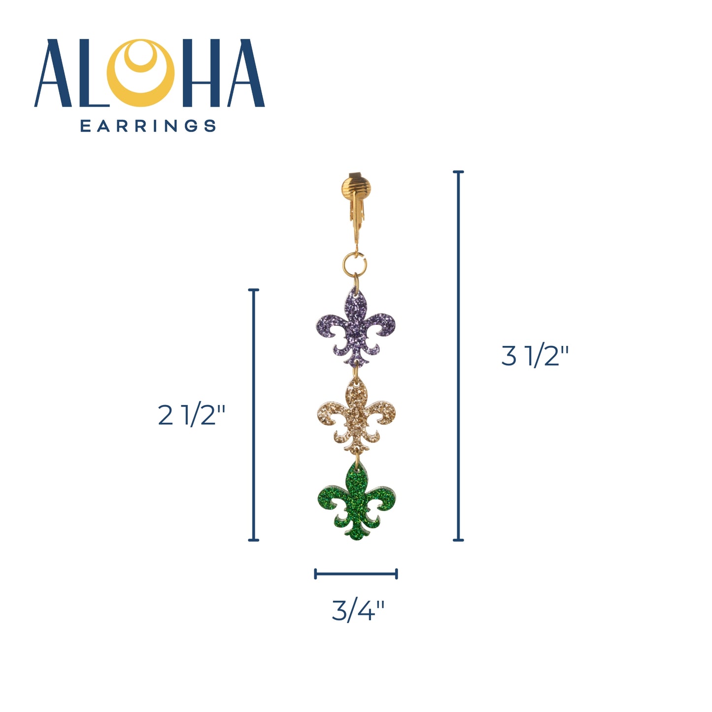 Gold Mardi Gras Fleur De Lis Clip On Dangling Earrings