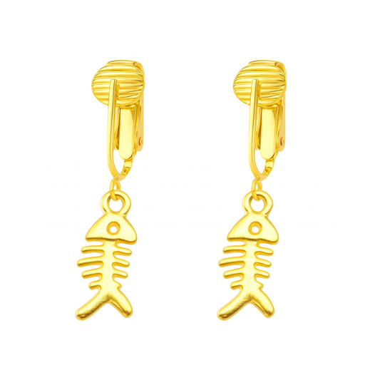 Gold Fishbone Charm Clip On Dangling Earrings