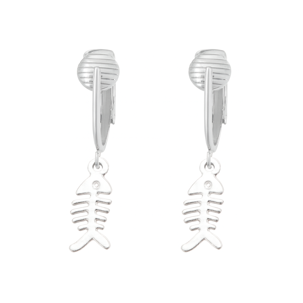 Silver Fishbone Charm Clip On Dangling Earrings