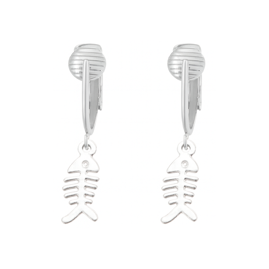 Silver Fishbone Charm Clip On Dangling Earrings