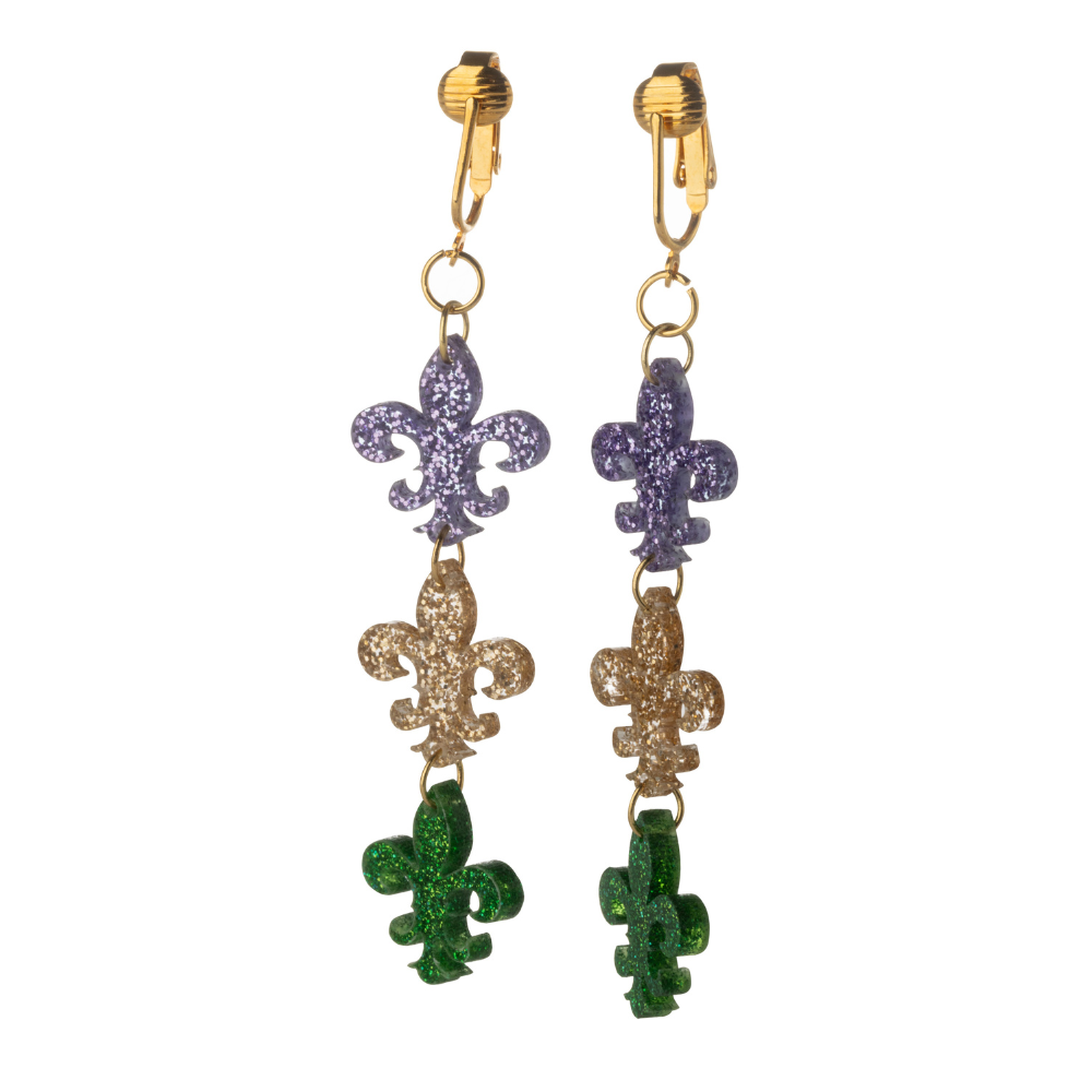 Gold Mardi Gras Fleur De Lis Clip On Dangling Earrings