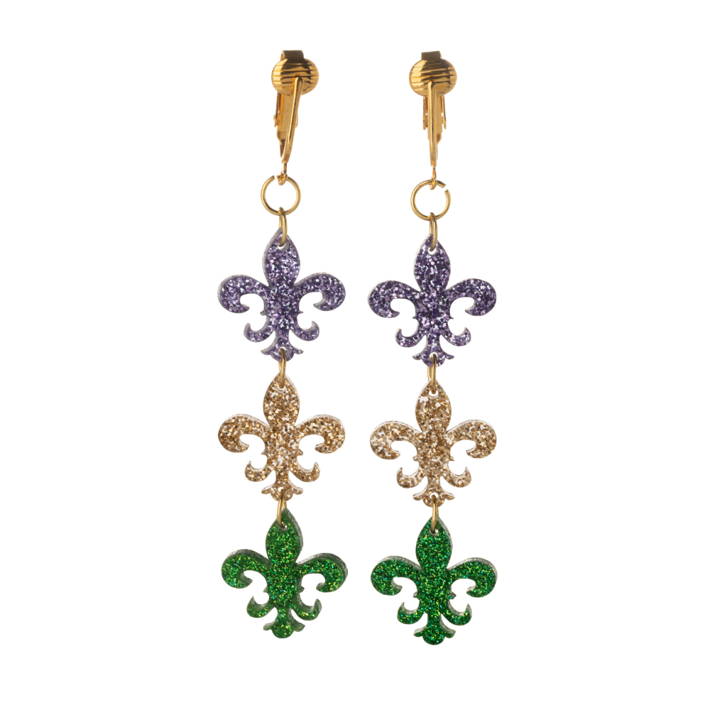 Gold Mardi Gras Fleur De Lis Clip On Dangling Earrings