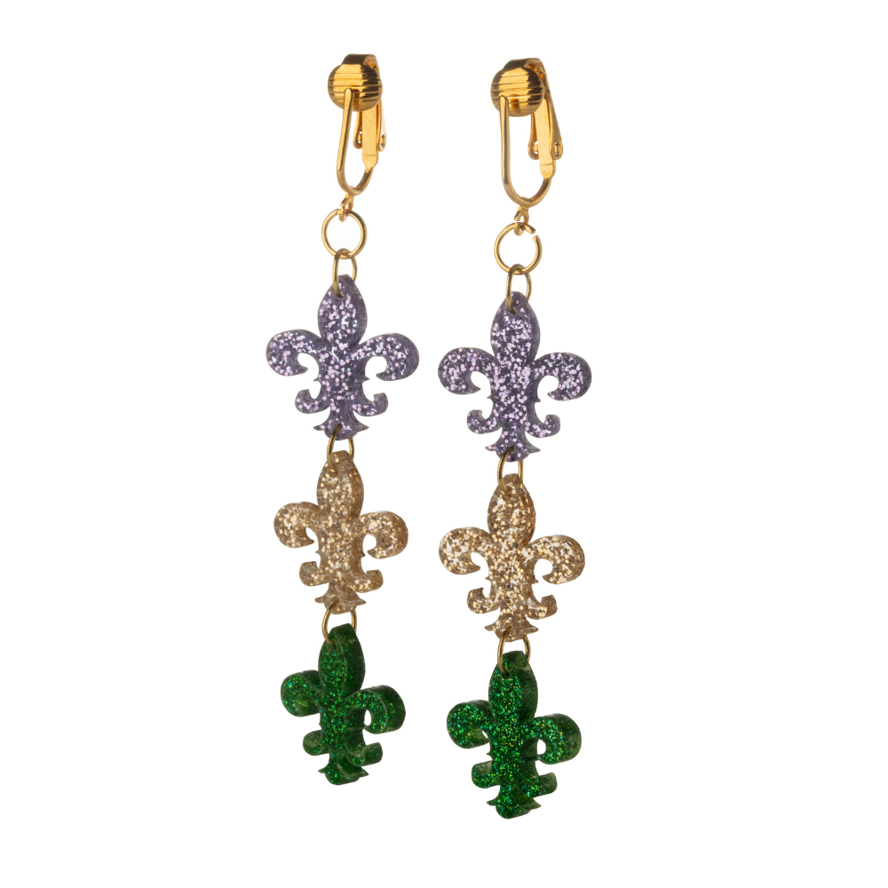 Gold Mardi Gras Fleur De Lis Clip On Dangling Earrings