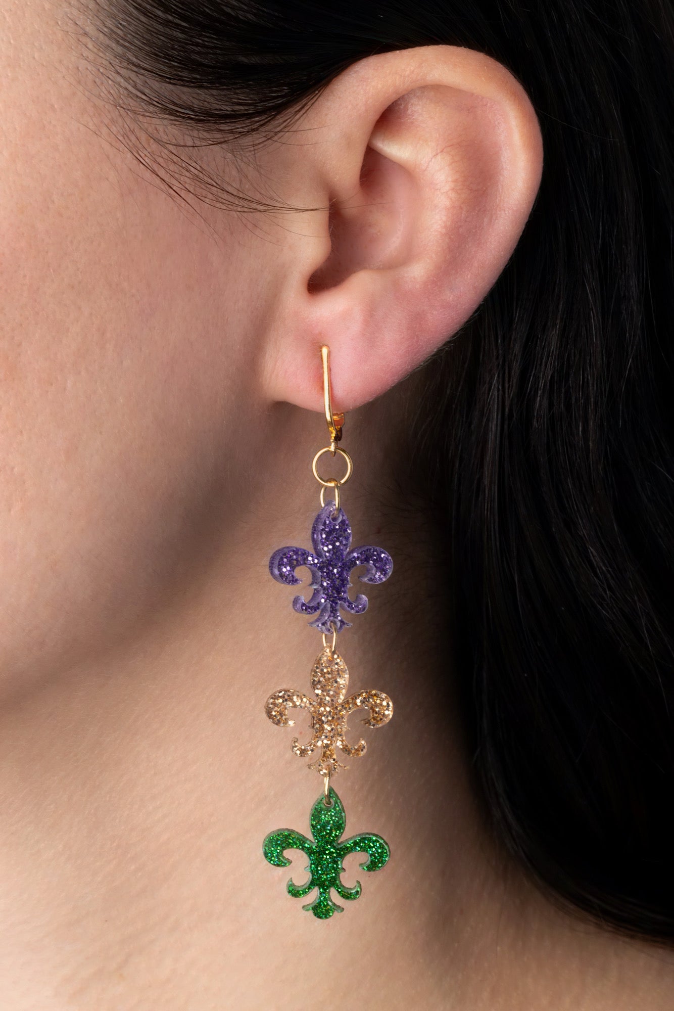 Gold Mardi Gras Fleur De Lis Clip On Dangling Earrings
