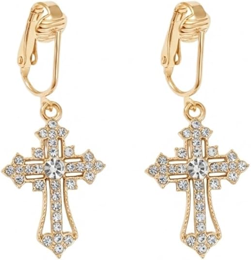 Gold Crystal Cross Clip On Dangling Earrings