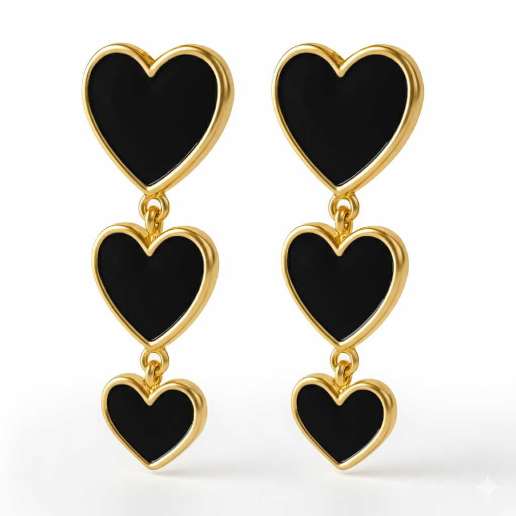 Gold Triple Heart Clip On Dangling Earrings