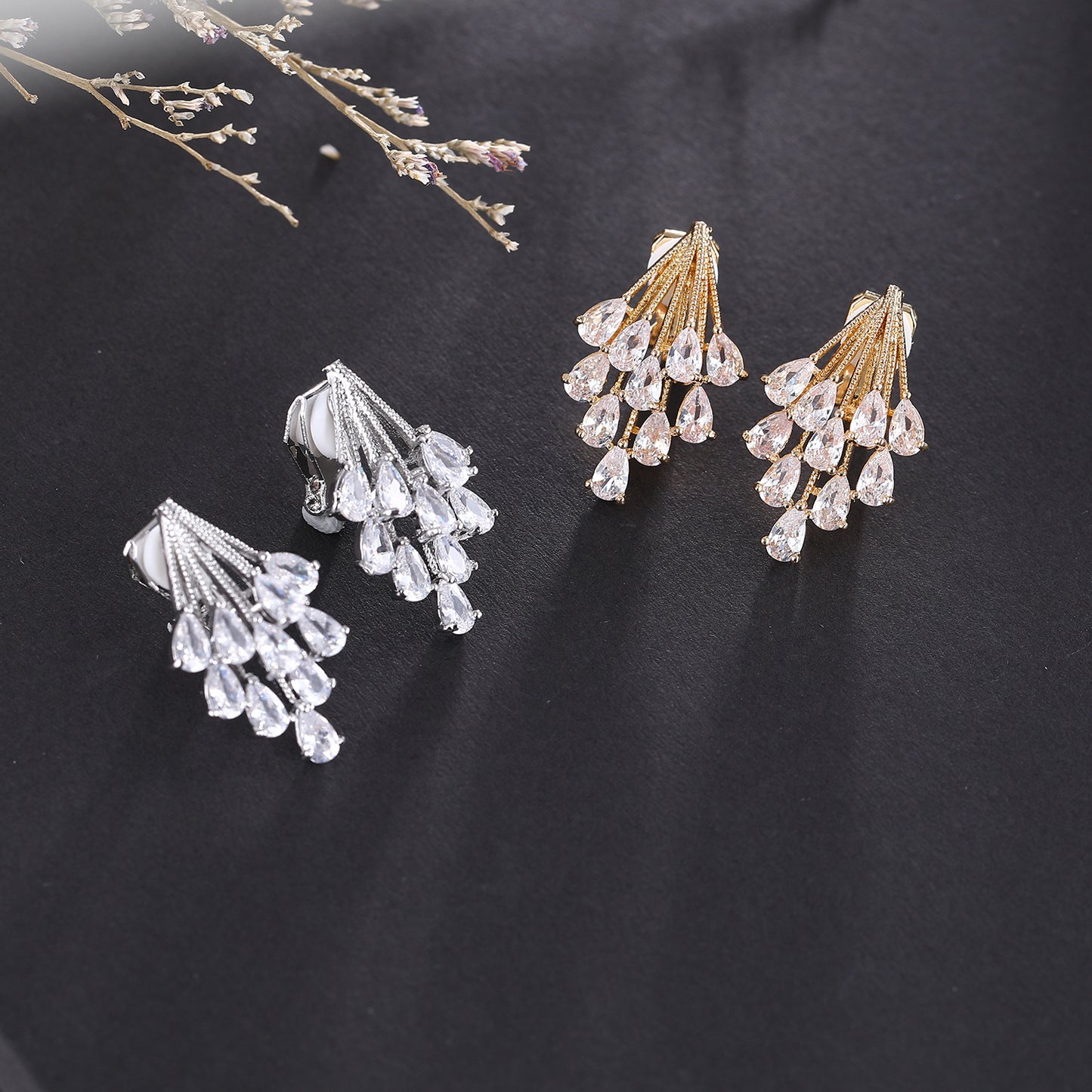 Silver Crystal Spray Clip On Stud Earrings