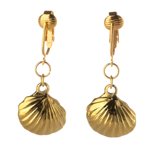 Gold Shell Clip On Dangling Earrings