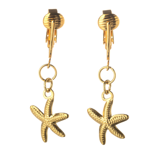 Gold Starfish Clip On Dangling Earrings
