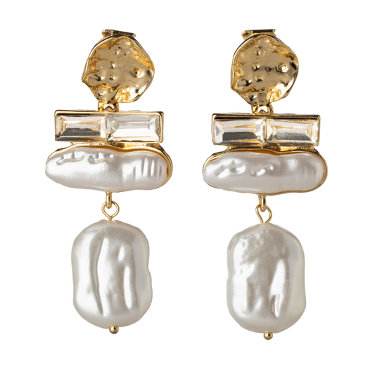Gold Textured Baroque Pearl and Crystal Drops Clip On Dangling Earrings