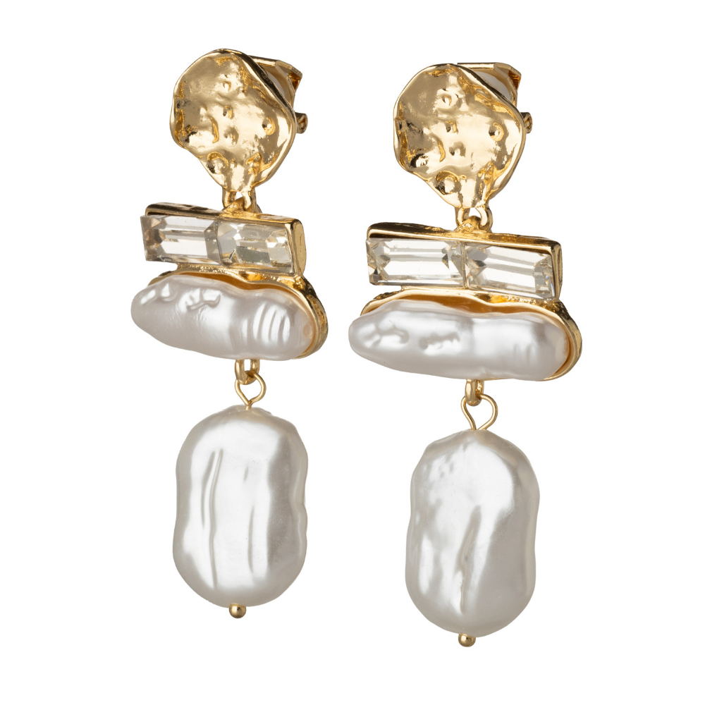 Gold Textured Baroque Pearl and Crystal Drops Clip On Dangling Earrings