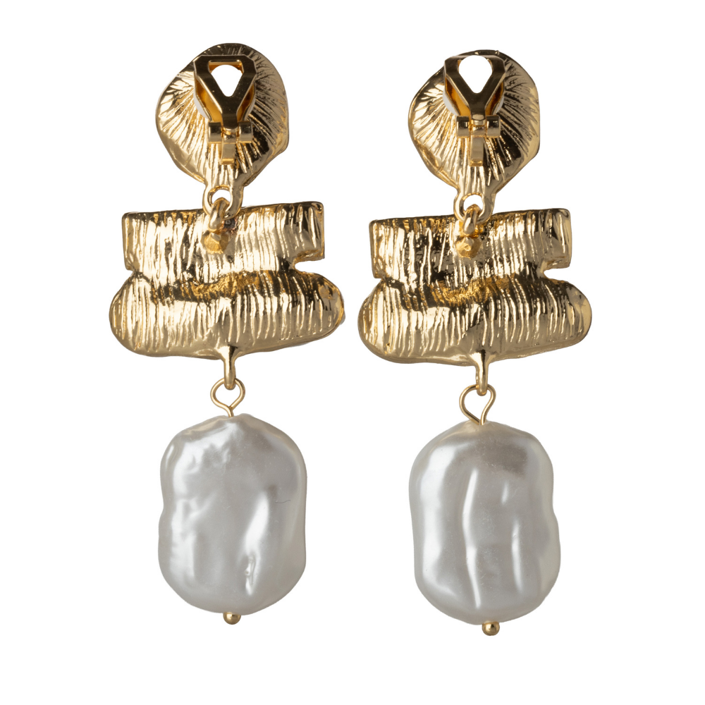 Gold Textured Baroque Pearl and Crystal Drops Clip On Dangling Earrings