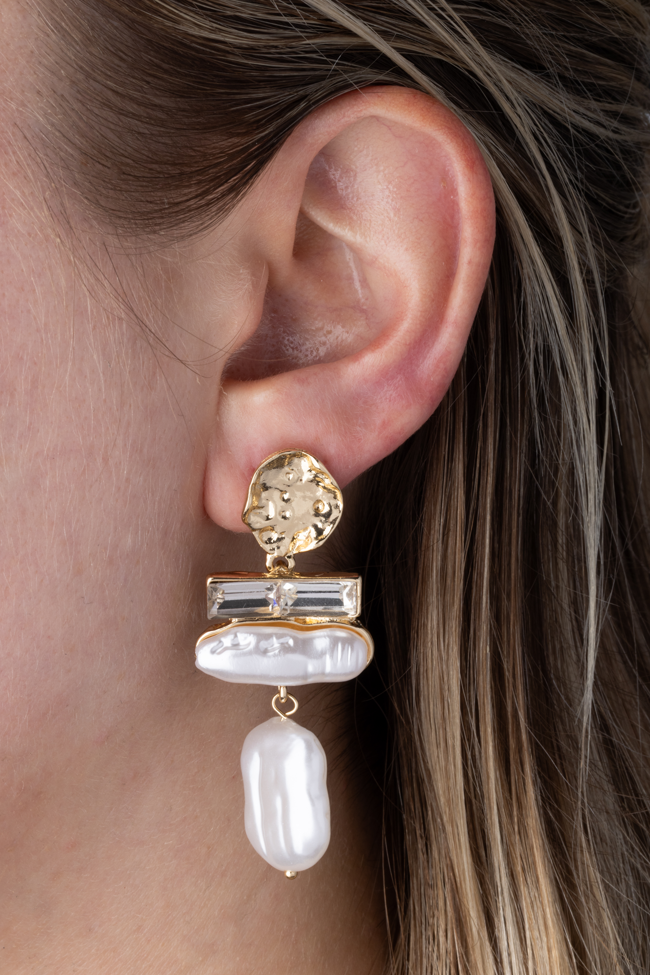 Gold Textured Baroque Pearl and Crystal Drops Clip On Dangling Earrings