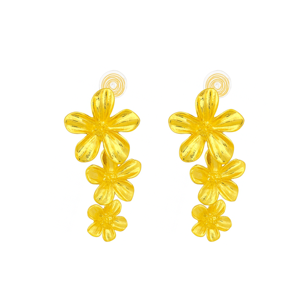 Gold Triple Flowers Mosquito Coil Clip On Dangling Earrings