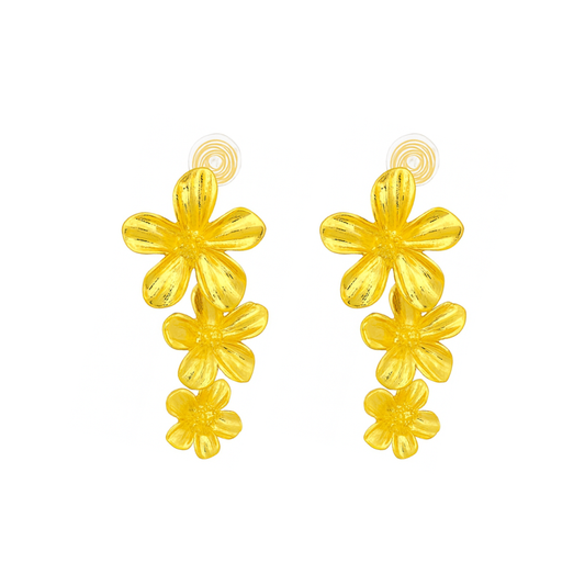 Gold Triple Flowers Mosquito Coil Clip On Dangling Earrings