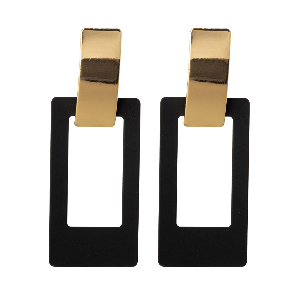 Black Rectangle Clip On Dangling Statement Earrings