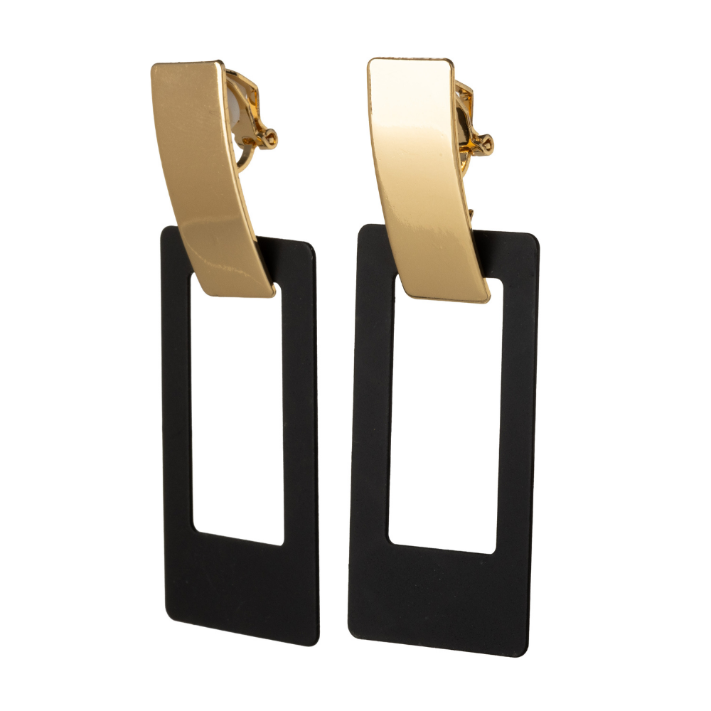 Black Rectangle Clip On Dangling Statement Earrings