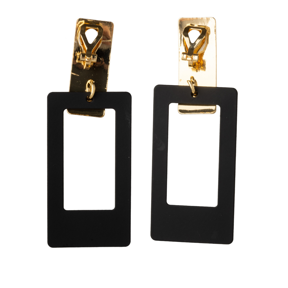 Black Rectangle Clip On Dangling Statement Earrings
