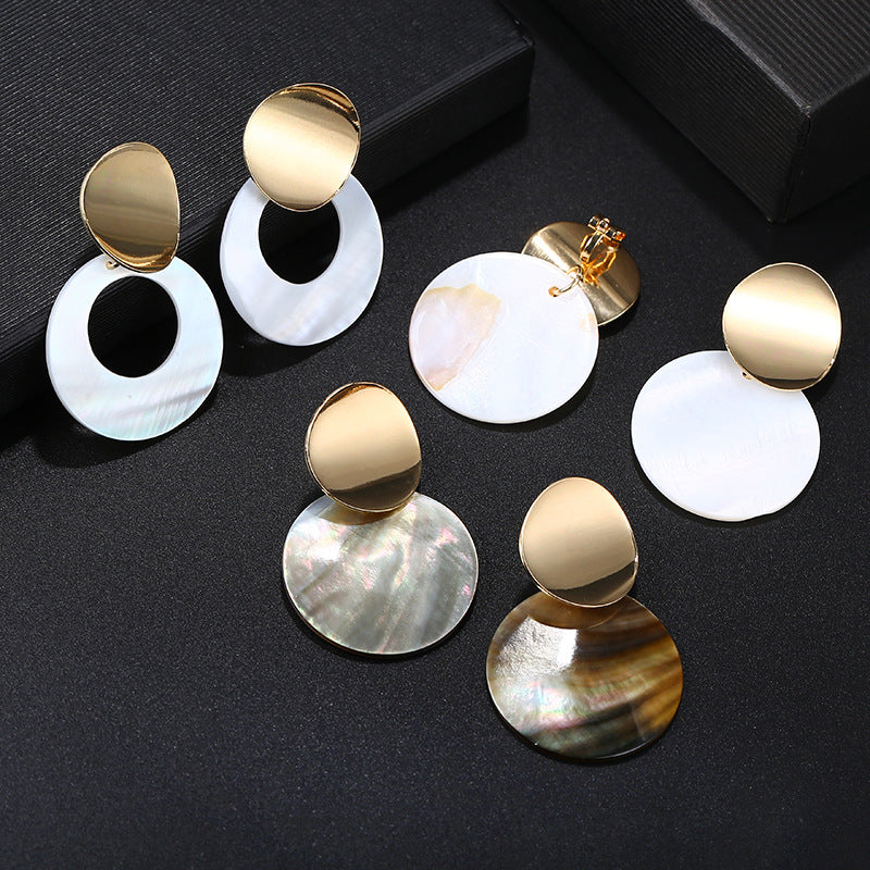 Gold Double Disc Clip On Statement Dangling Earrings