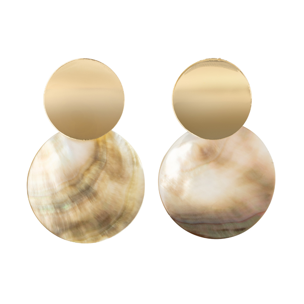 Gold Double Disc Clip On Statement Dangling Earrings