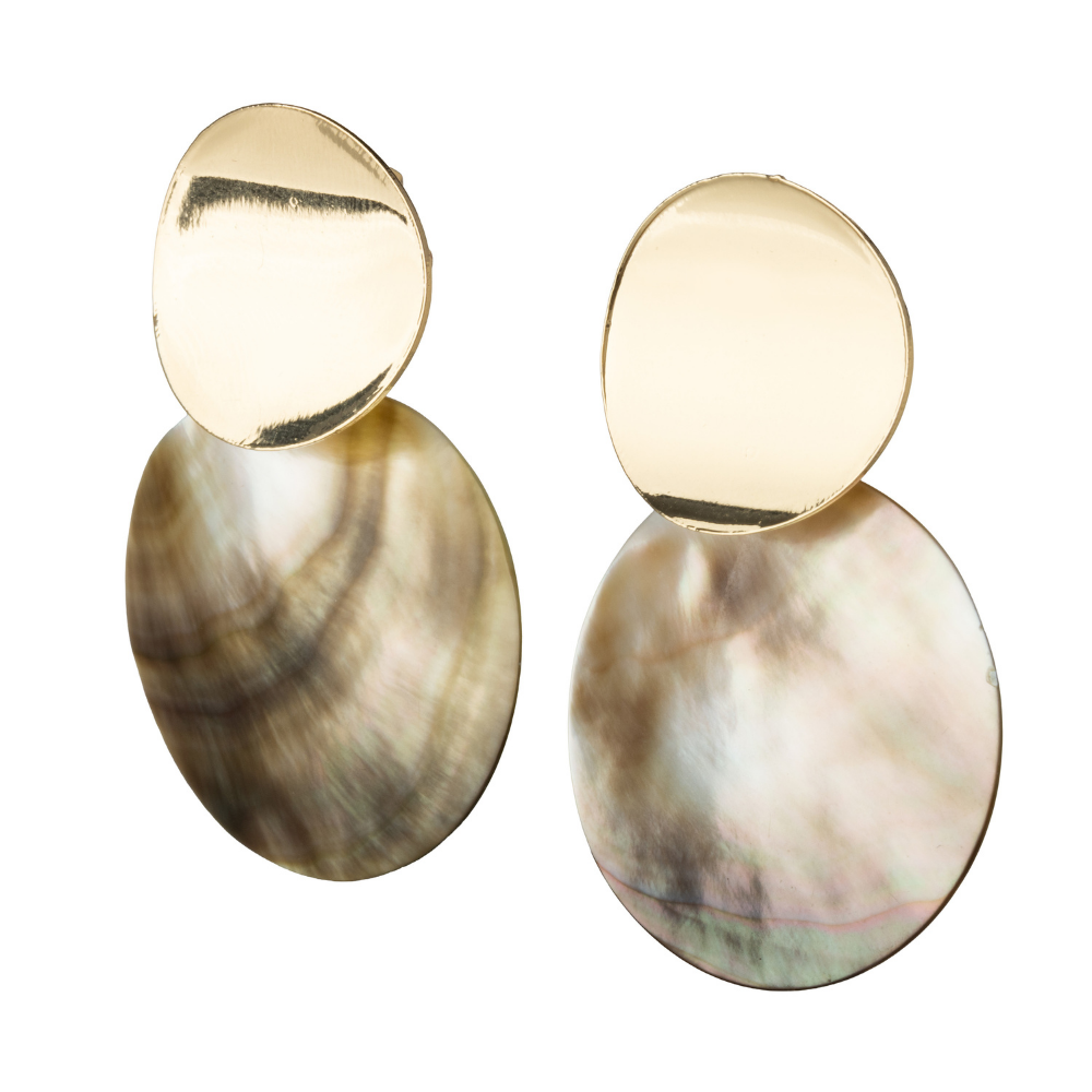 Gold Double Disc Clip On Statement Dangling Earrings