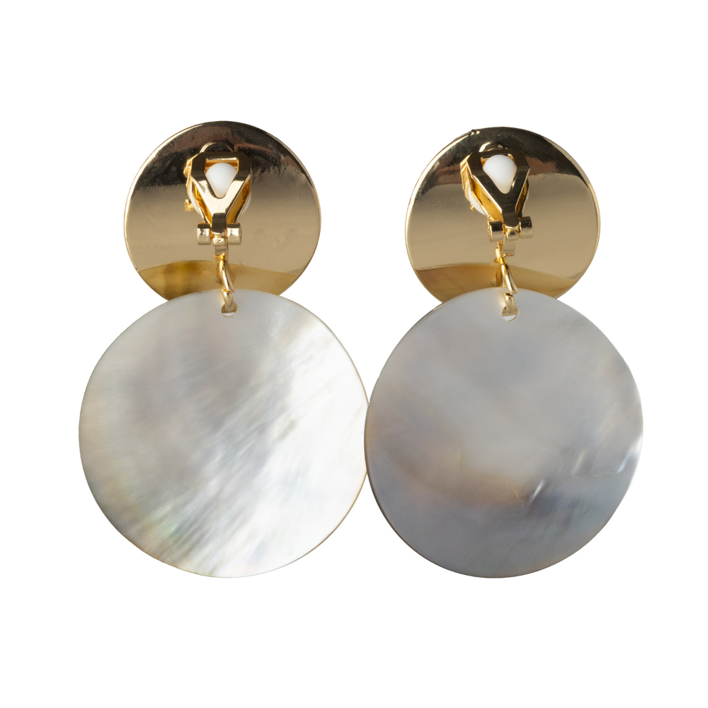Gold Double Disc Clip On Statement Dangling Earrings