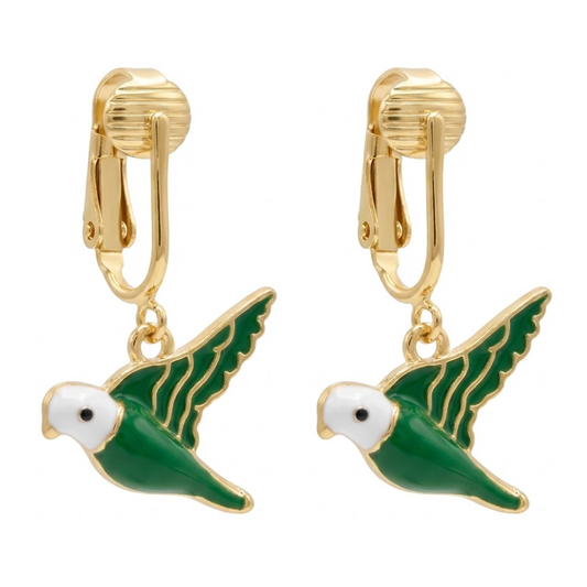 Green Bird Gold Clip On Dangling Earrings