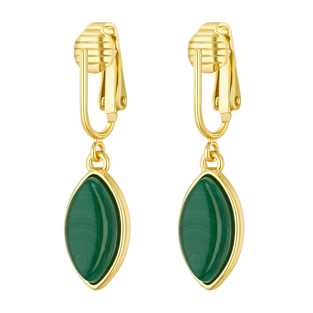 Gold Marquise Shaped Clip On Dangling Earrings