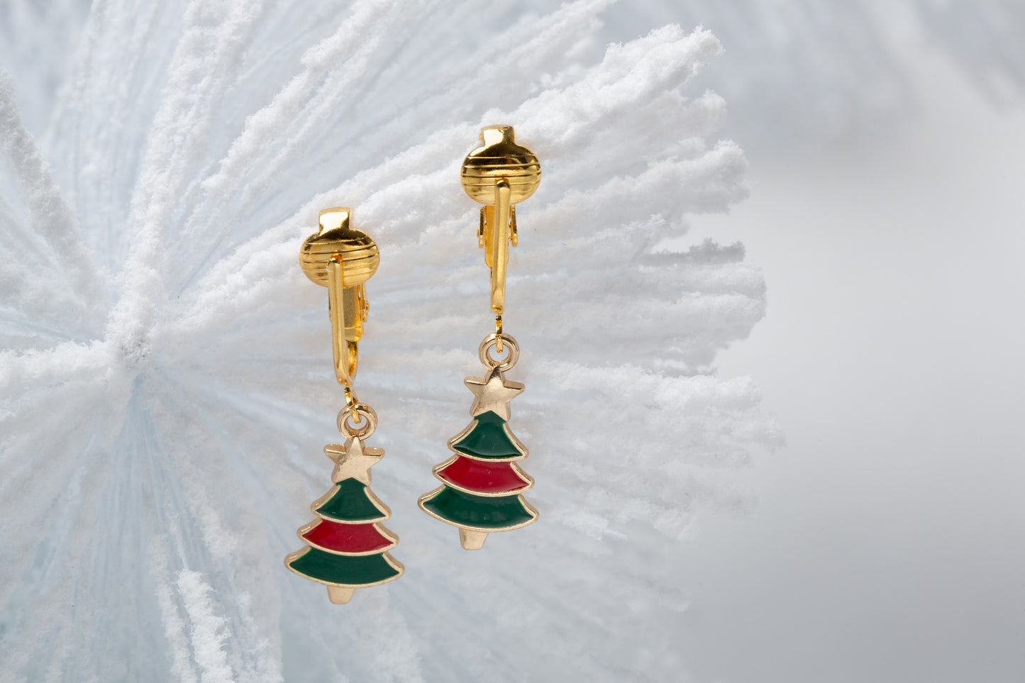 Green and Red Christmas Tree Gold Clip On Dangling Earrings