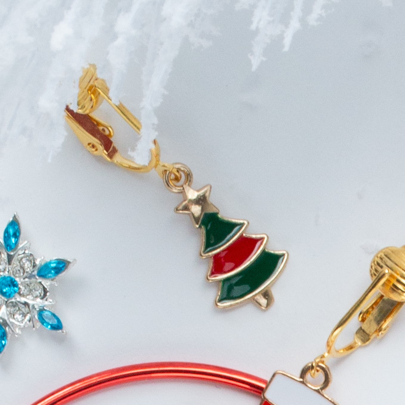 Green and Red Christmas Tree Gold Clip On Dangling Earrings