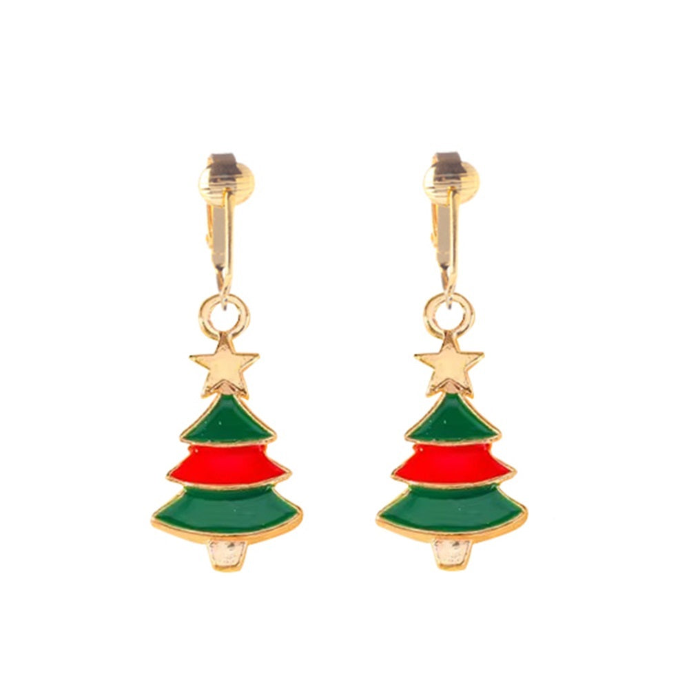 Green and Red Christmas Tree Gold Clip On Dangling Earrings