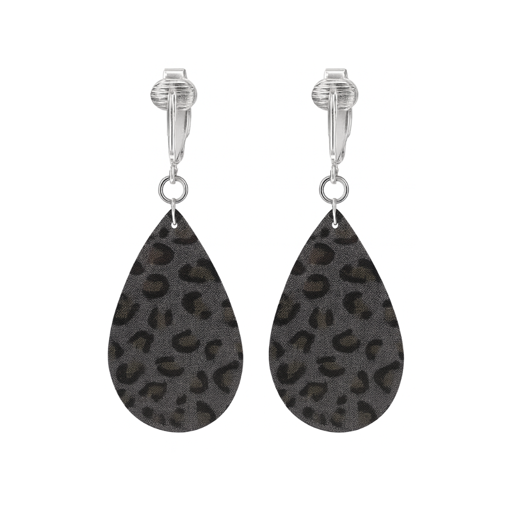 Faux Leather Animal Print Teardrop Shaped Clip On Dangling Earrings