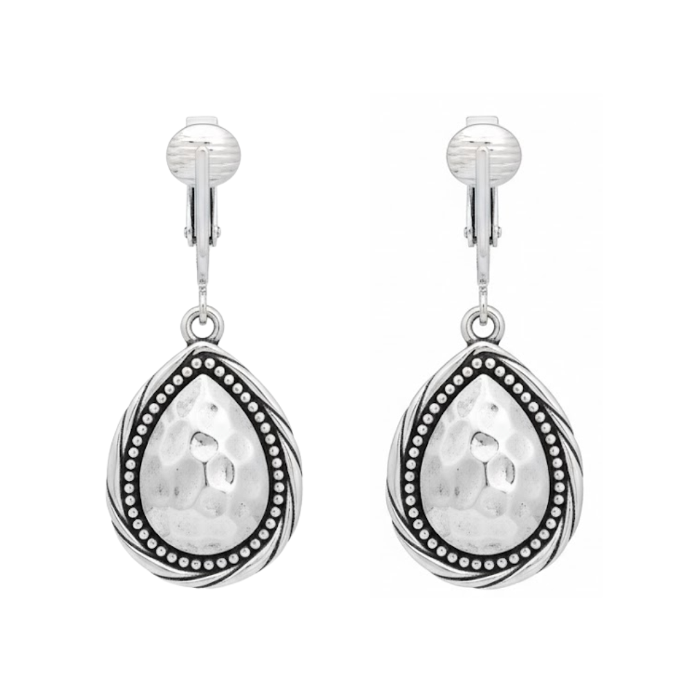 Silver Hammered Dotted Teardrop Clip On Dangling Earrings