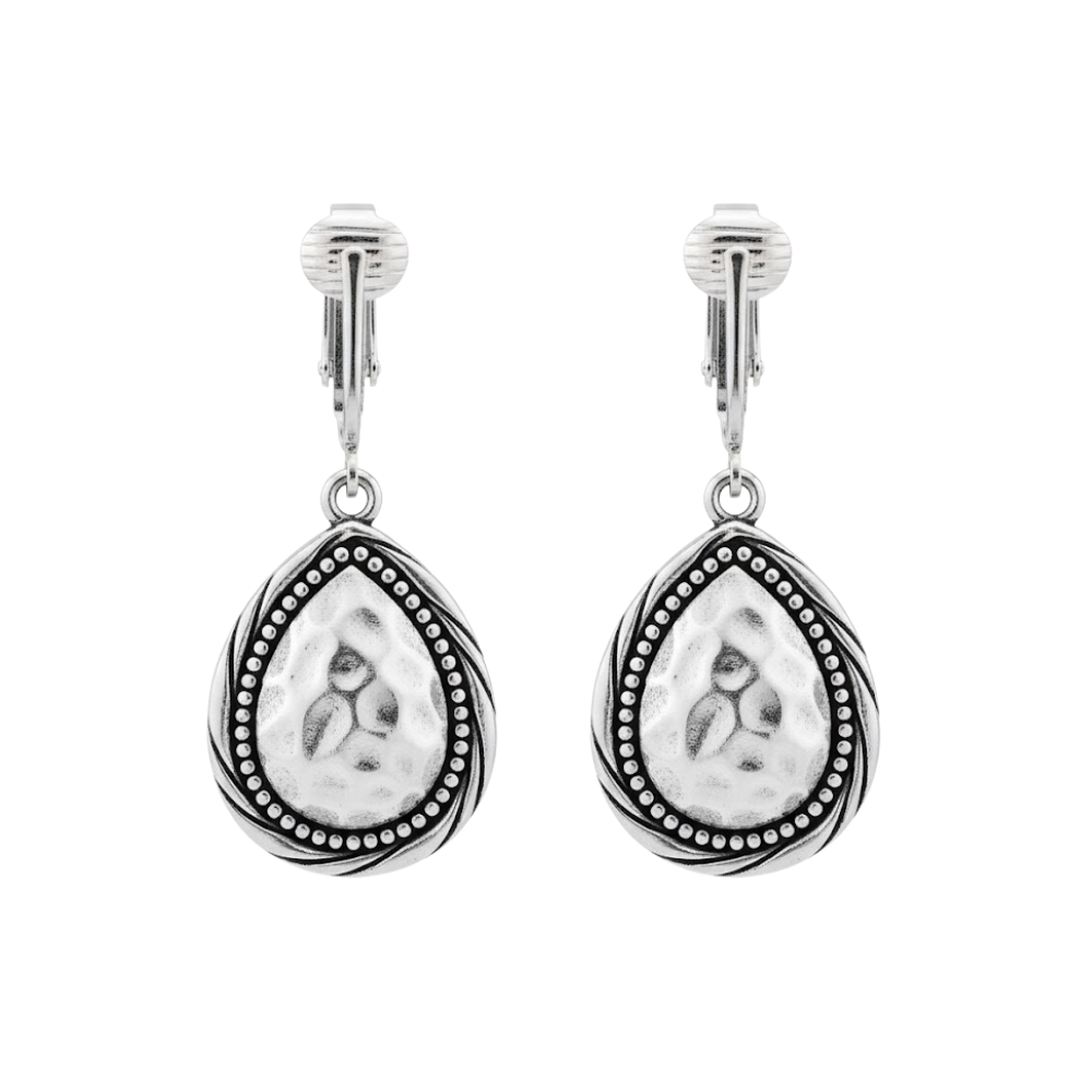 Silver Hammered Dotted Teardrop Clip On Dangling Earrings