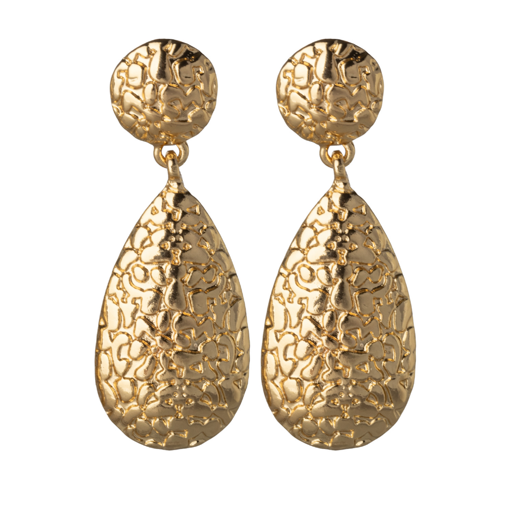 Gold Hammered Teardrop Clip On Statement Dangling Earrings