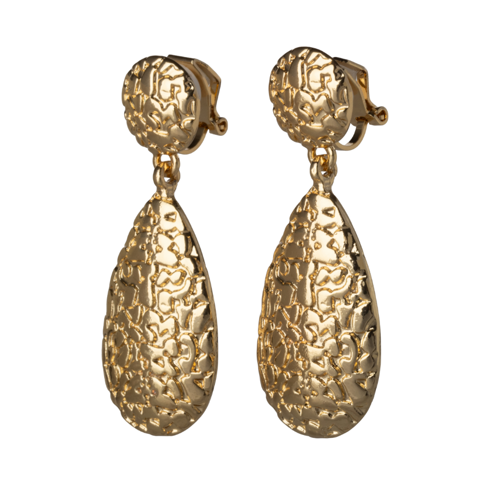 Gold Hammered Teardrop Clip On Statement Dangling Earrings
